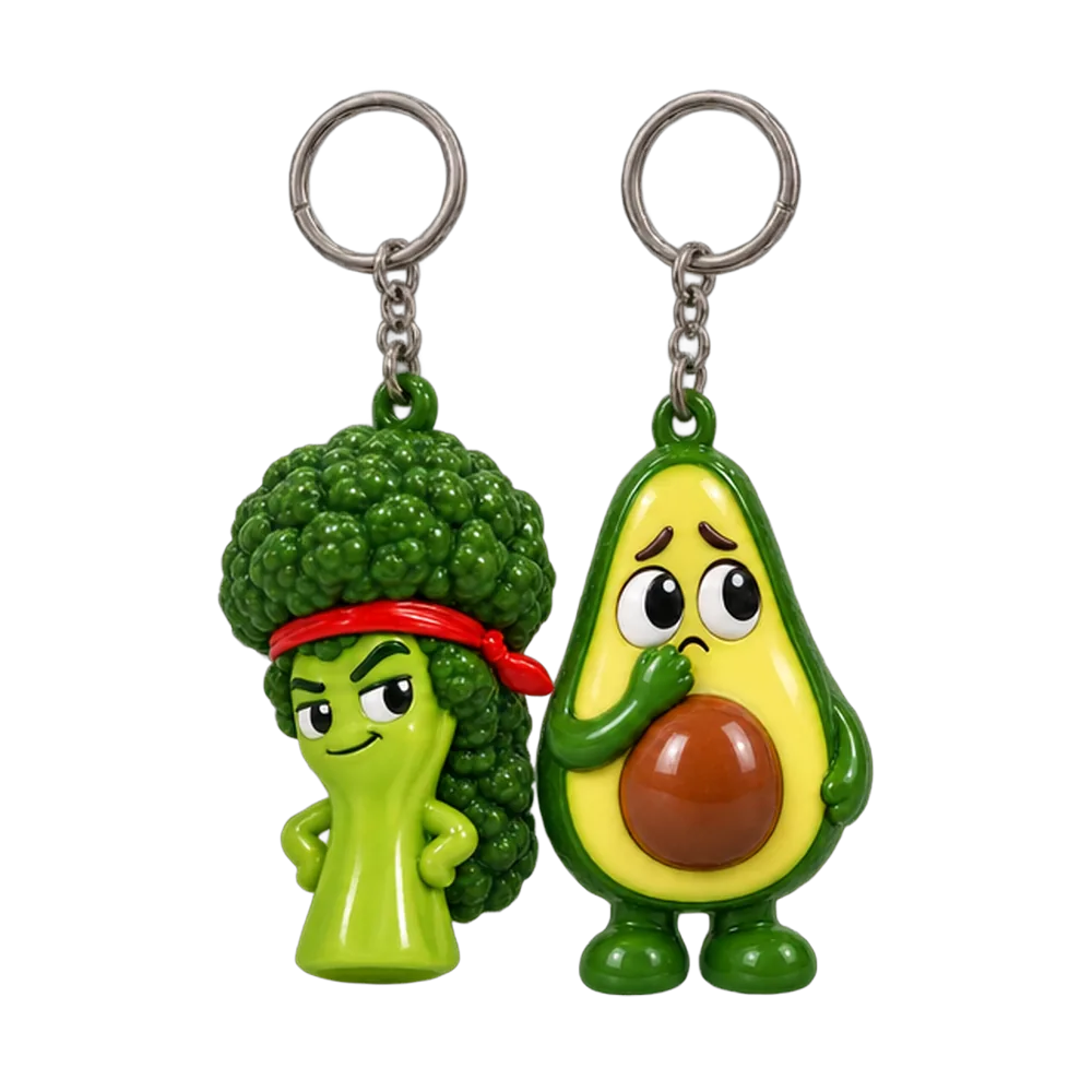 Broccoli Mullet & Anxious Avocado Keychain Duo, back or side view
