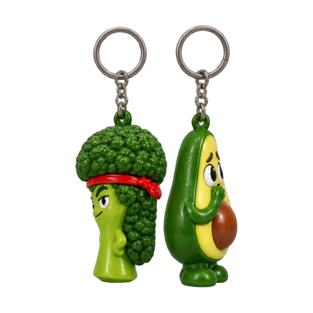 Broccoli Mullet & Anxious Avocado Keychain Duo, back or side view
