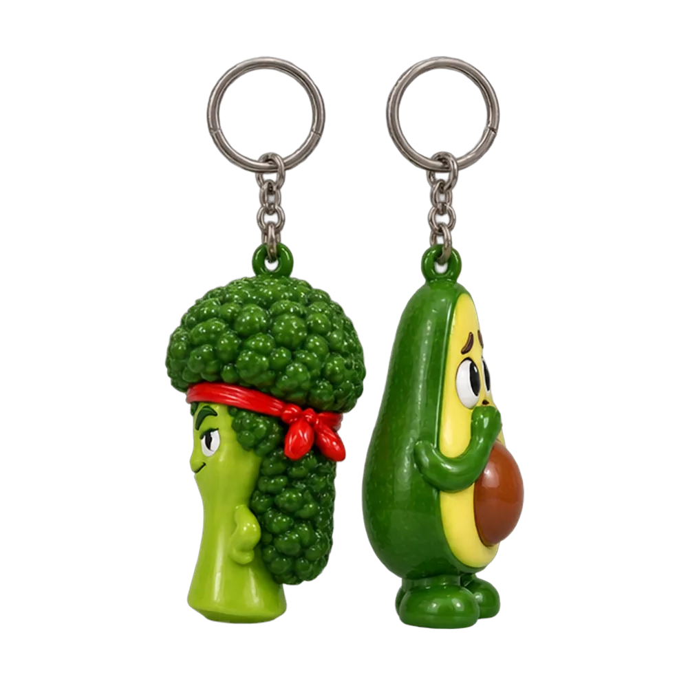 Broccoli Mullet & Anxious Avocado Keychain Duo, back or side view