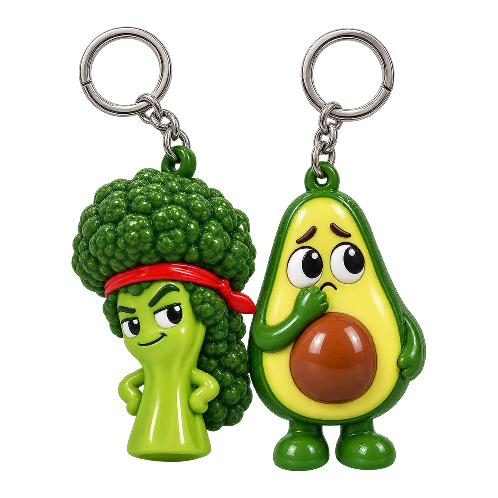 Broccoli Mullet & Anxious Avocado Keychain Duo, front view
