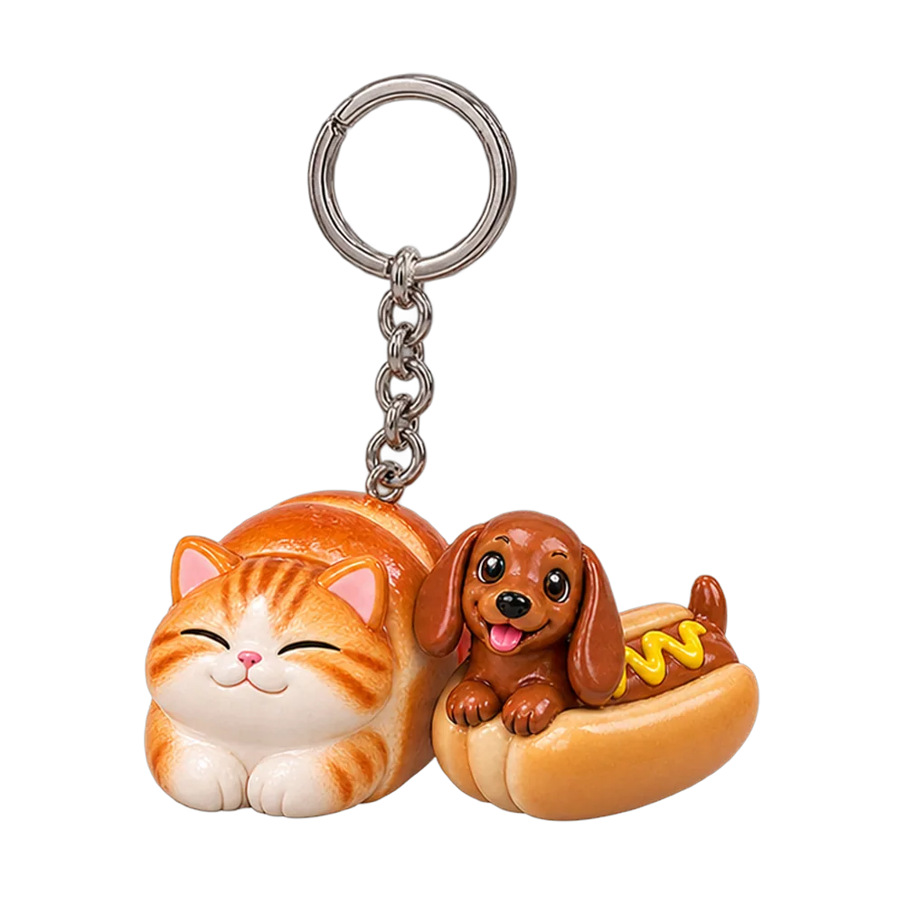 Loaf Cat & Hot Dog Dog Keychain Duo, back or side view