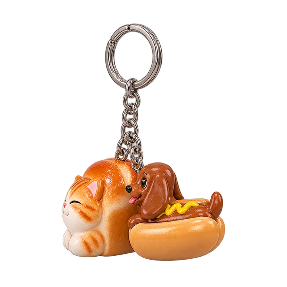 Loaf Cat & Hot Dog Dog Keychain Duo, back or side view