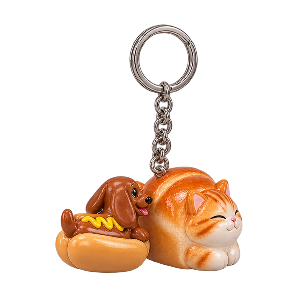 Loaf Cat & Hot Dog Dog Keychain Duo, back or side view