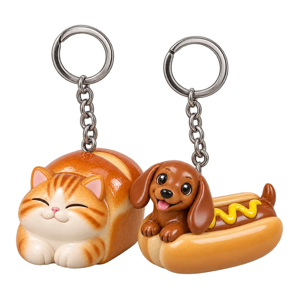Loaf Cat & Hot Dog Dog Keychain Duo, front view