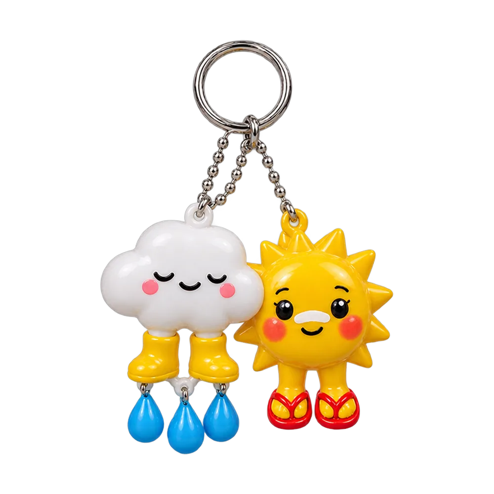 Cloud in Wellies & Sunburnt Sun Keychain Duo, back or side view