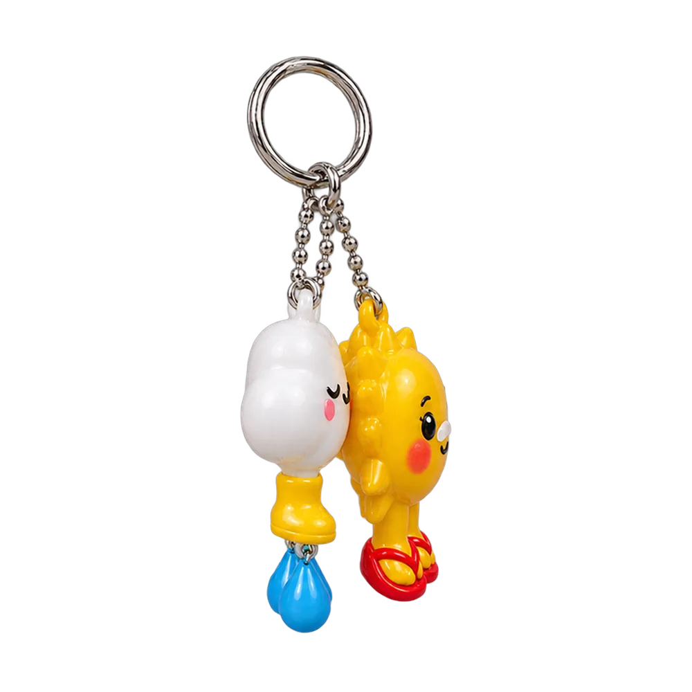 Cloud in Wellies & Sunburnt Sun Keychain Duo, back or side view