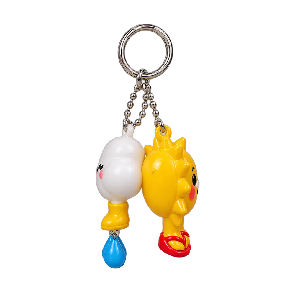 Cloud in Wellies & Sunburnt Sun Keychain Duo, back or side view