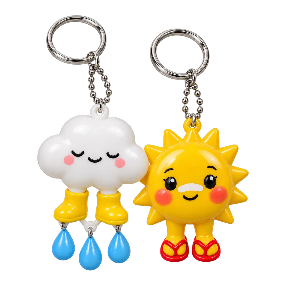 Cloud in Wellies & Sunburnt Sun Keychain Duo, front view