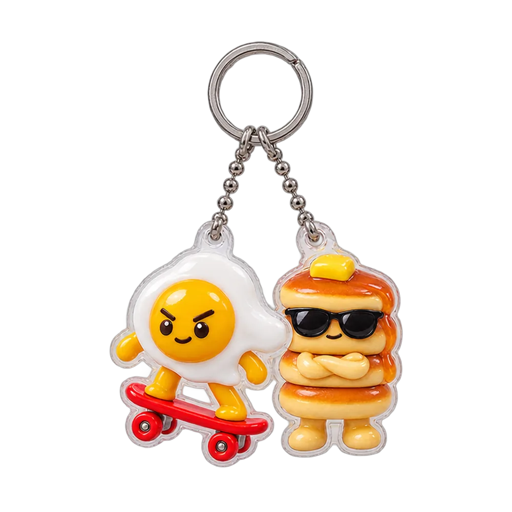Egg Skater & Pancake Tower Keychain Duo, back or side view