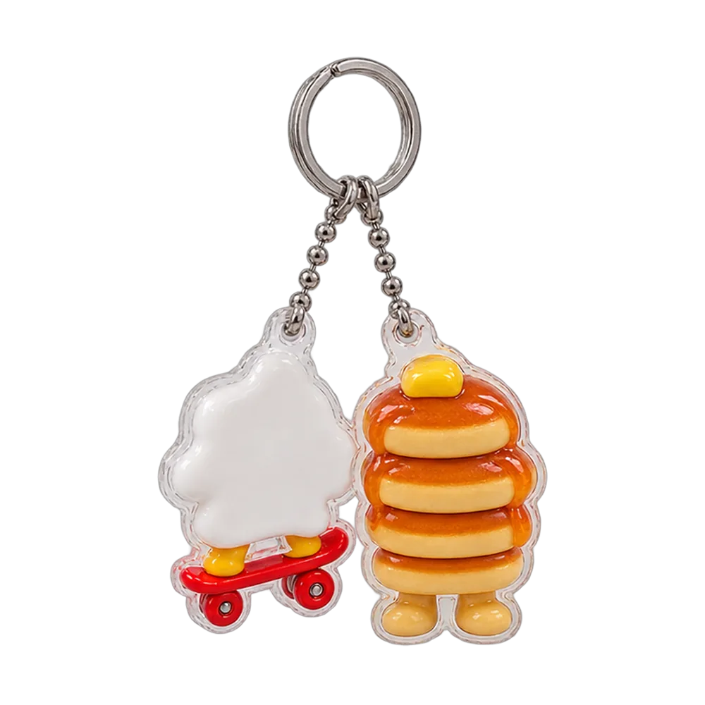 Egg Skater & Pancake Tower Keychain Duo, back or side view