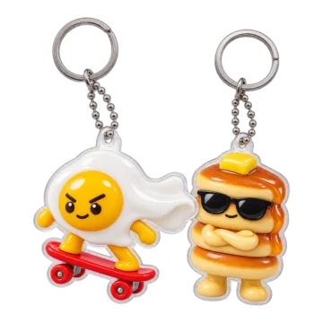 Egg Skater & Pancake Tower Keychain Duo, front view