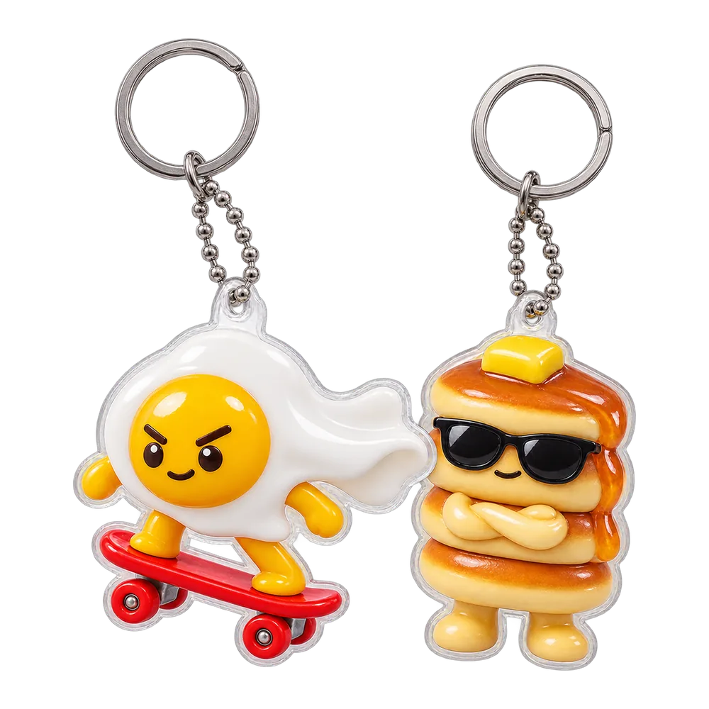 Egg Skater & Pancake Tower Keychain Duo, front view