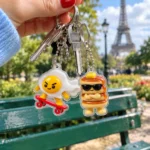 Egg Skater & Pancake Tower Keychain Duo worn or in use