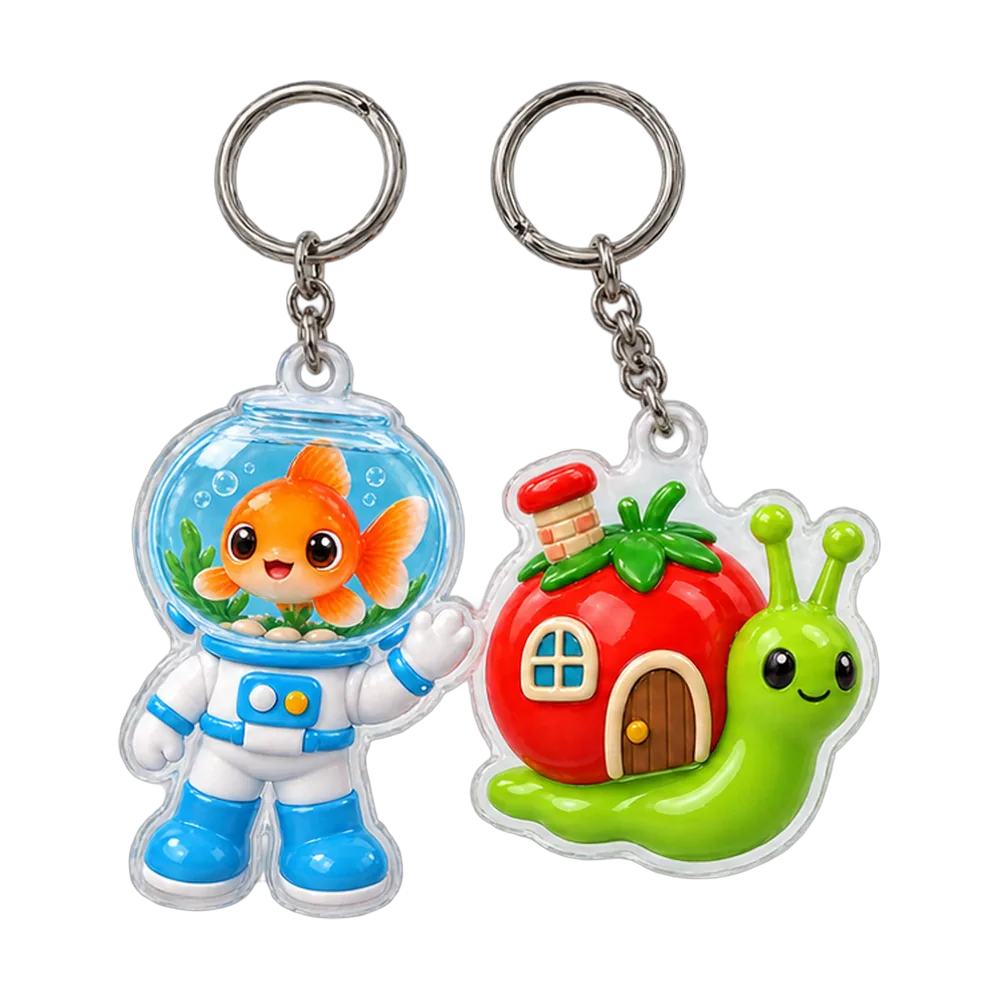 Goldfish Astronaut & Snail Mover Keychain Duo, back or side view