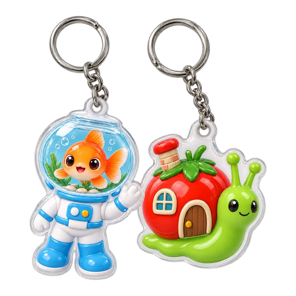 Goldfish Astronaut & Snail Mover Keychain Duo, front view