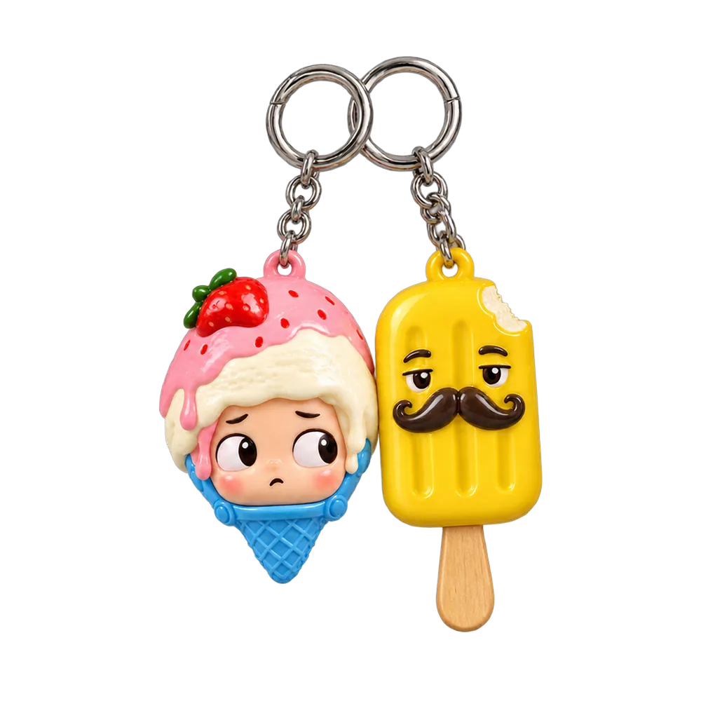 Melting Helmet & Popsicle Moustache Keychain Duo, back or side view