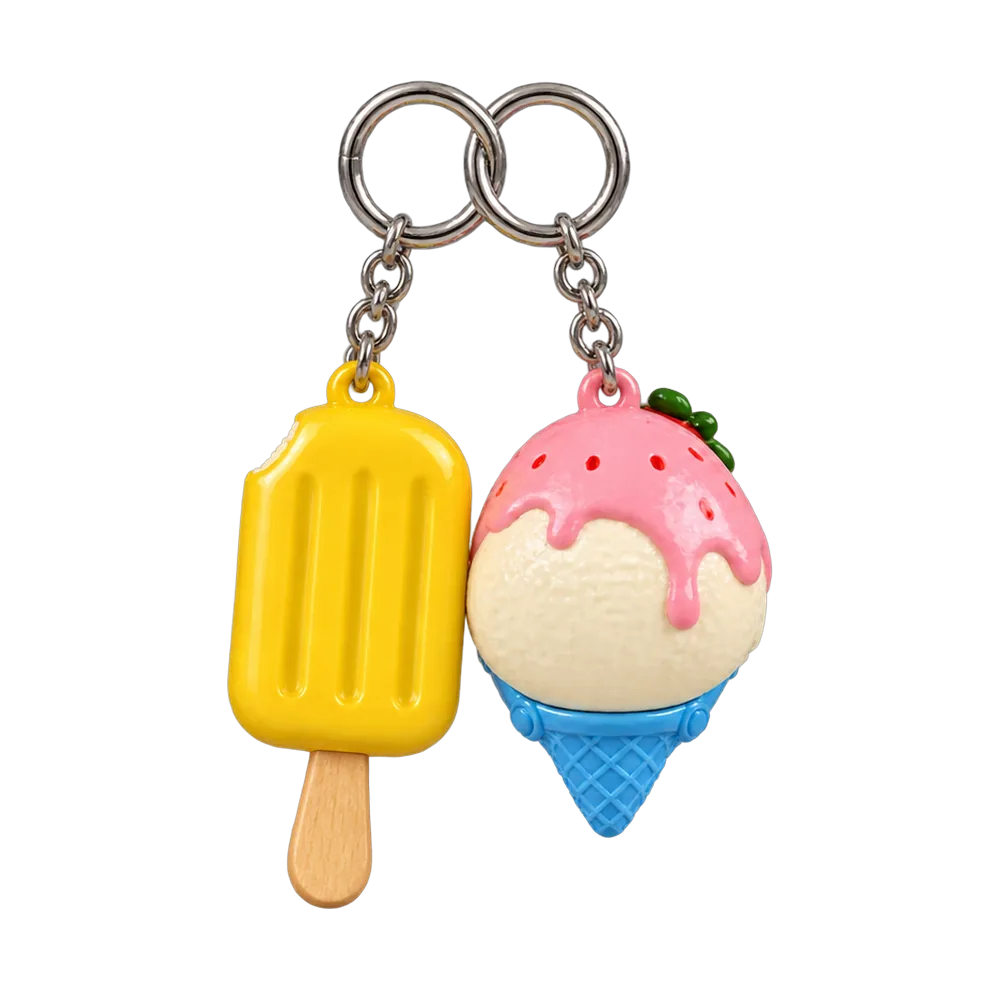Melting Helmet & Popsicle Moustache Keychain Duo, back or side view