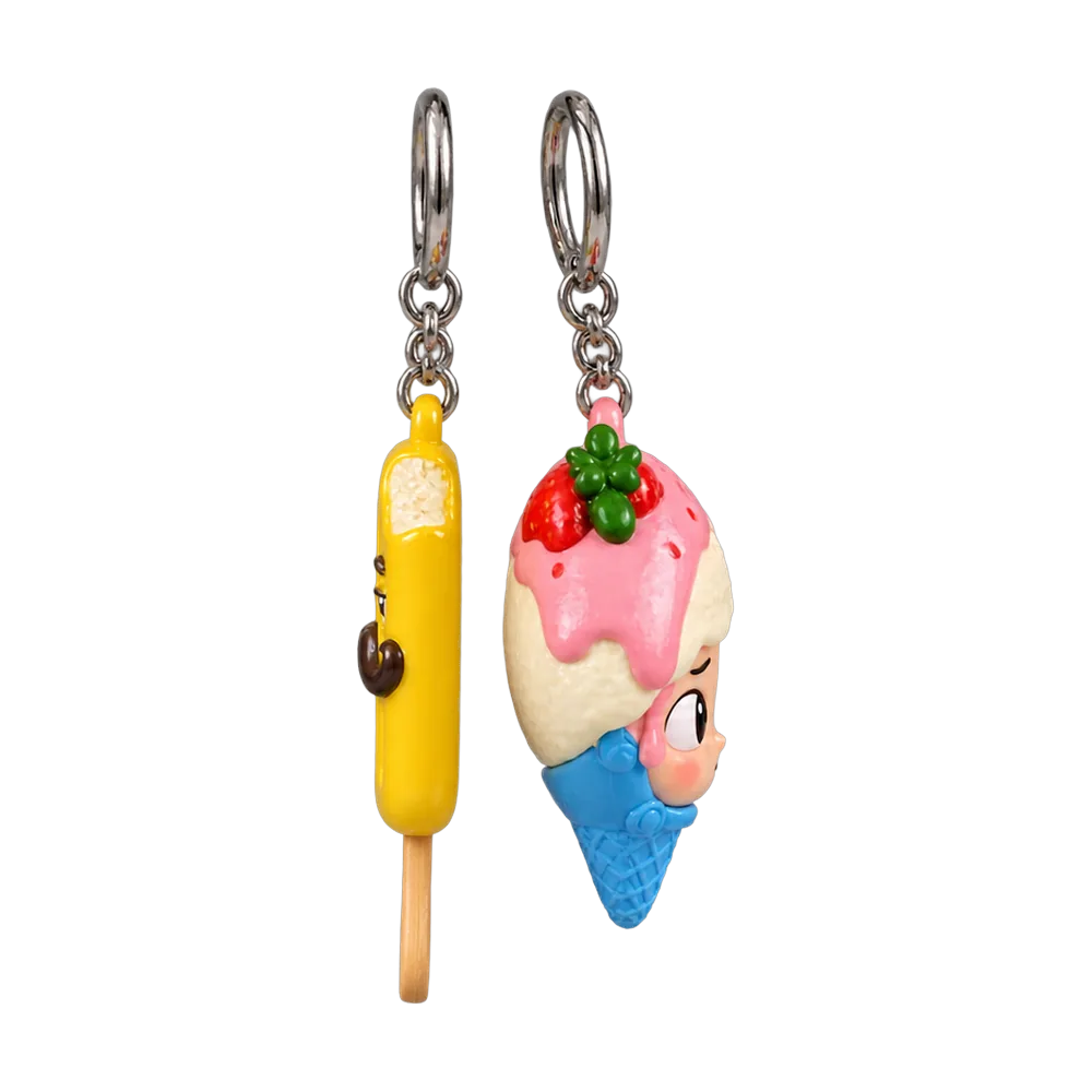 Melting Helmet & Popsicle Moustache Keychain Duo, back or side view