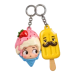 Melting Helmet & Popsicle Moustache Keychain Duo, front view