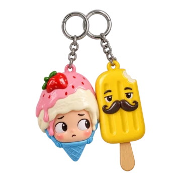 Melting Helmet & Popsicle Moustache Keychain Duo, front view