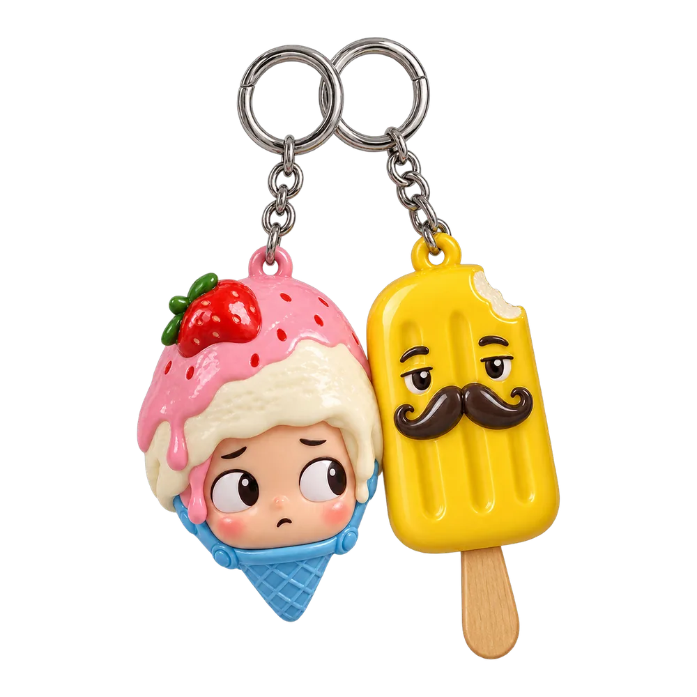 Melting Helmet & Popsicle Moustache Keychain Duo, front view