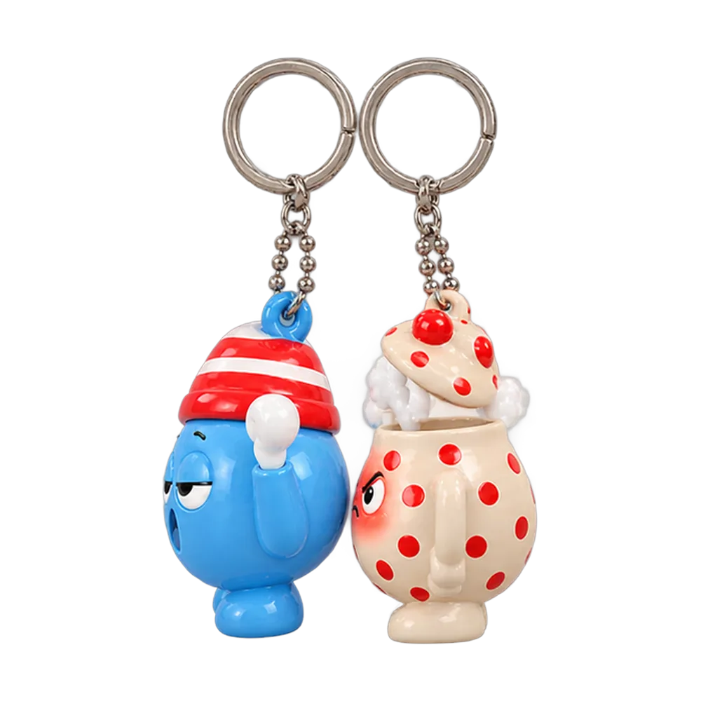 Sleepy Kettle & Teapot Tantrum Keychain Duo, back or side view