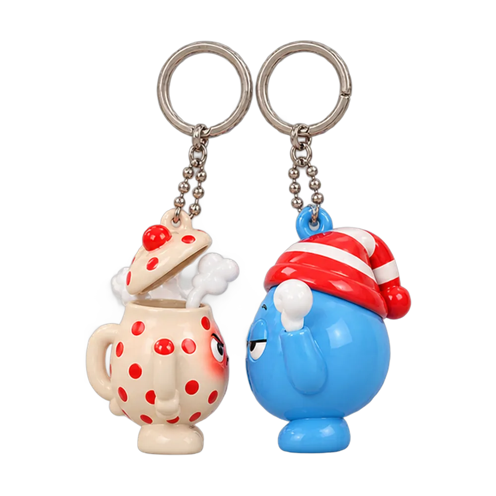 Sleepy Kettle & Teapot Tantrum Keychain Duo, back or side view