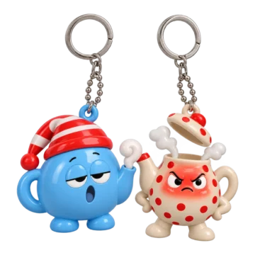 Sleepy Kettle & Teapot Tantrum Keychain Duo, front view