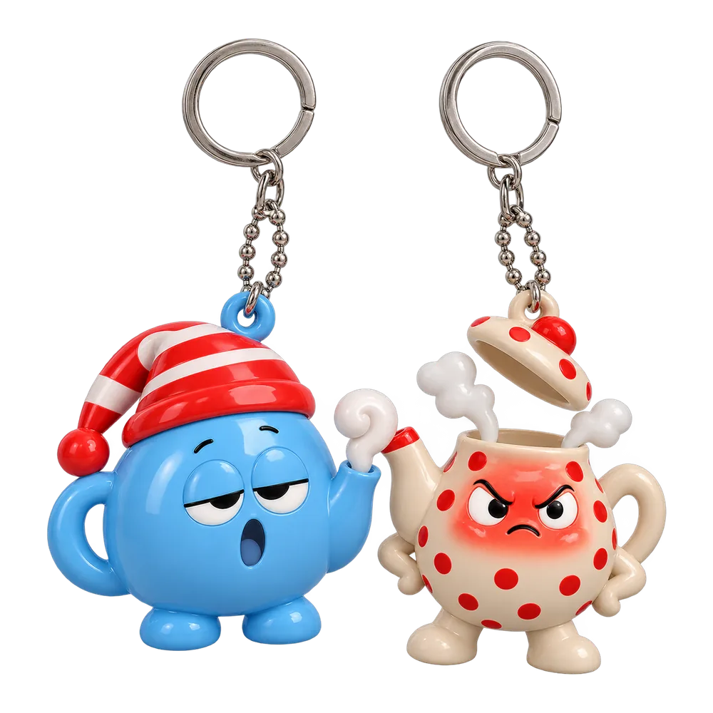 Sleepy Kettle & Teapot Tantrum Keychain Duo, front view