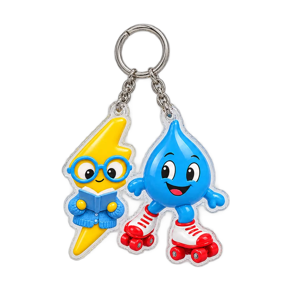 Lightning in Specs & Raindrop Roller Keychain Duo, back or side view