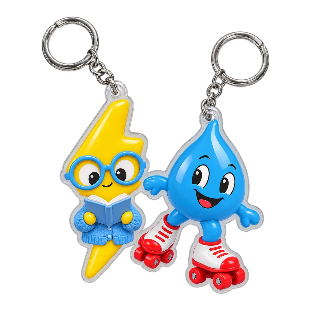 Lightning in Specs & Raindrop Roller Keychain Duo, front view