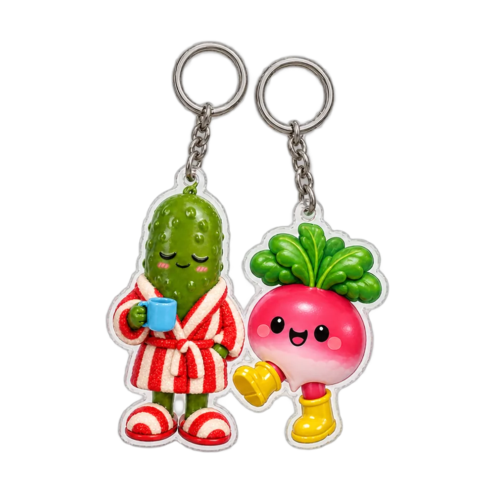 Pickle in a Bathrobe & Radish in Wellies Keychain Duo, back or side view