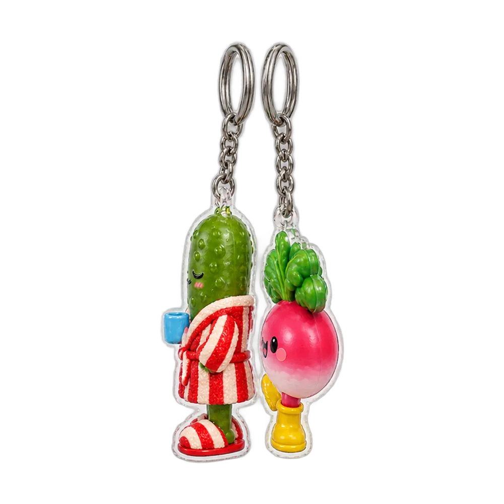 Pickle in a Bathrobe & Radish in Wellies Keychain Duo, back or side view