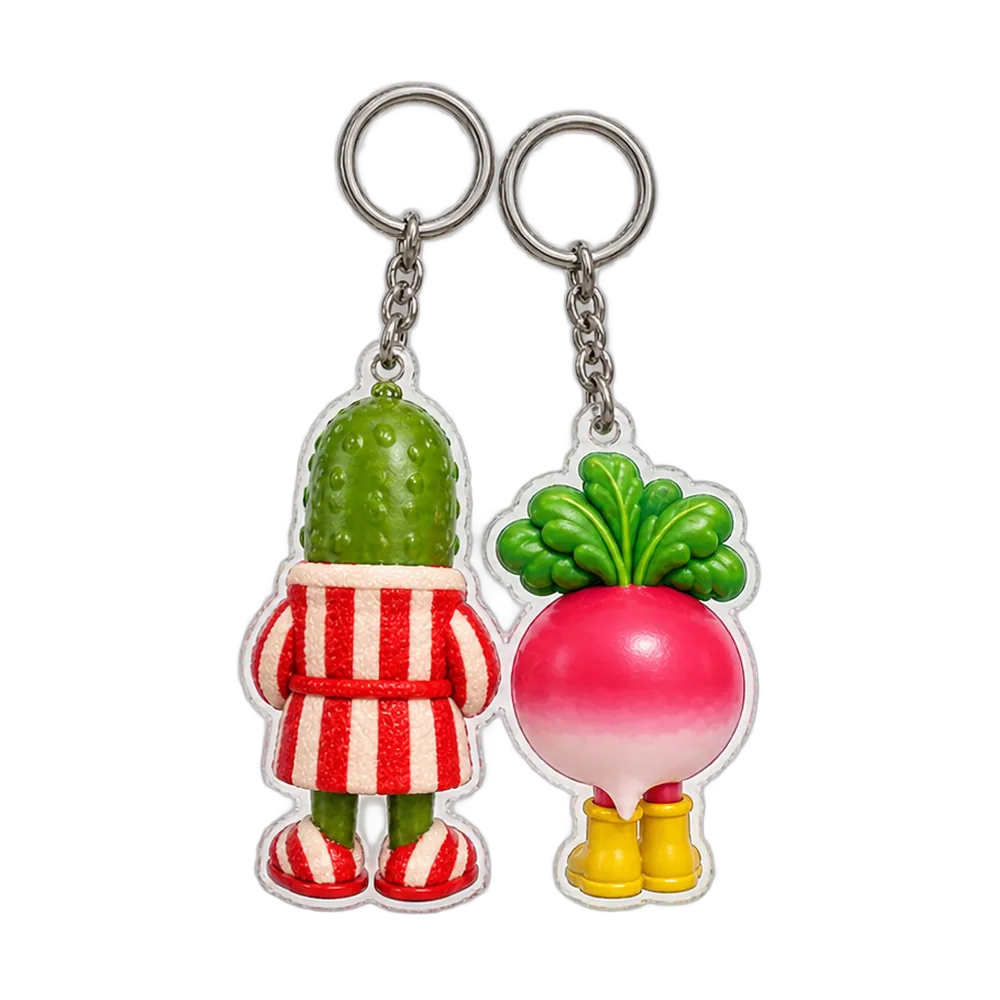 Pickle in a Bathrobe & Radish in Wellies Keychain Duo, back or side view