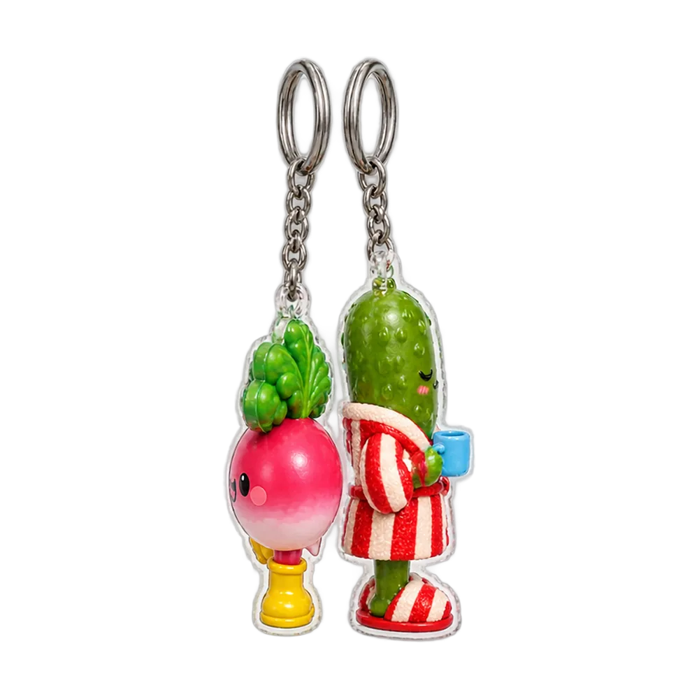 Pickle in a Bathrobe & Radish in Wellies Keychain Duo, back or side view
