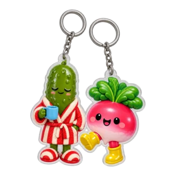 Pickle in a Bathrobe & Radish in Wellies Keychain Duo, front view