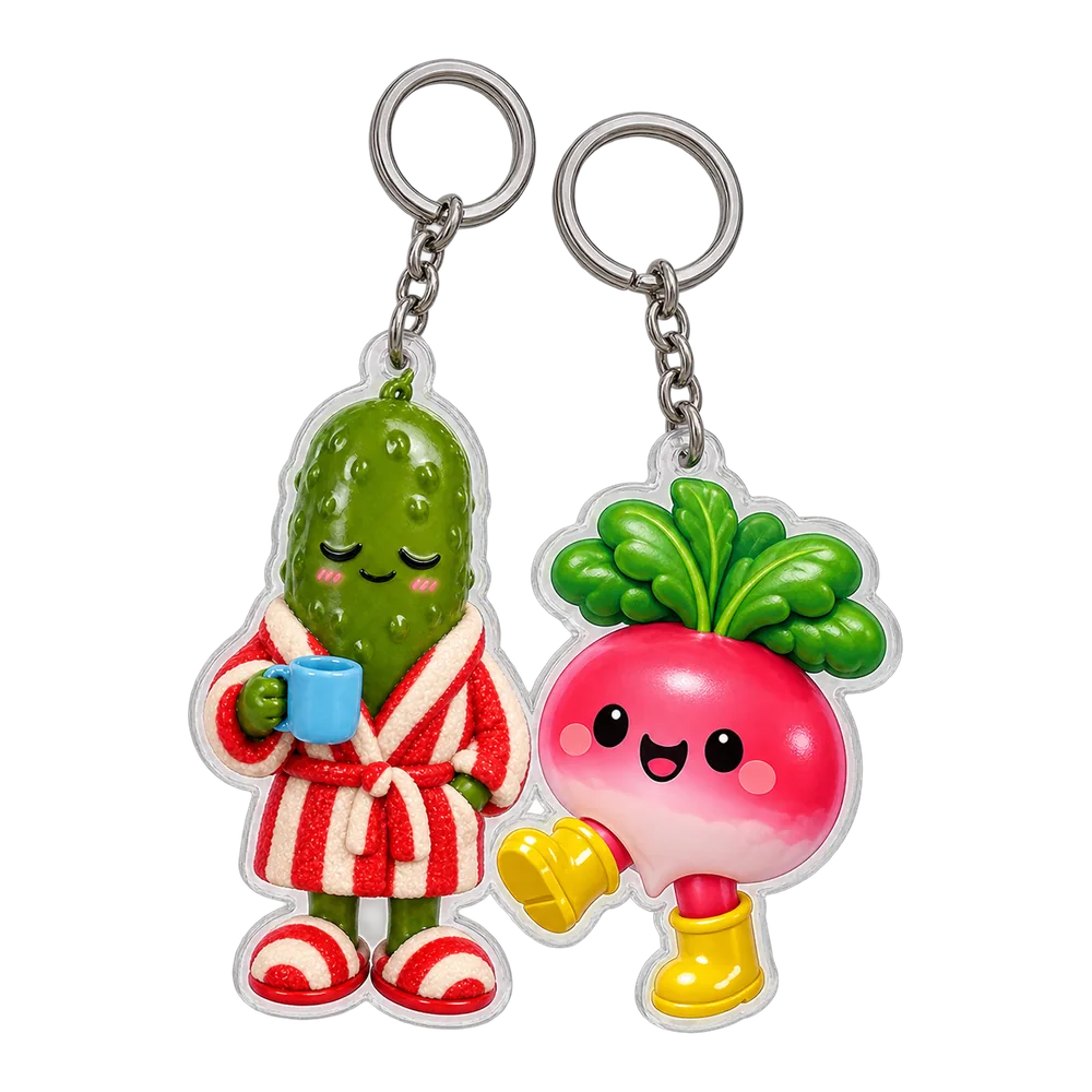 Pickle in a Bathrobe & Radish in Wellies Keychain Duo, front view