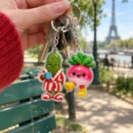 Pickle in a Bathrobe & Radish in Wellies Keychain Duo worn or in use